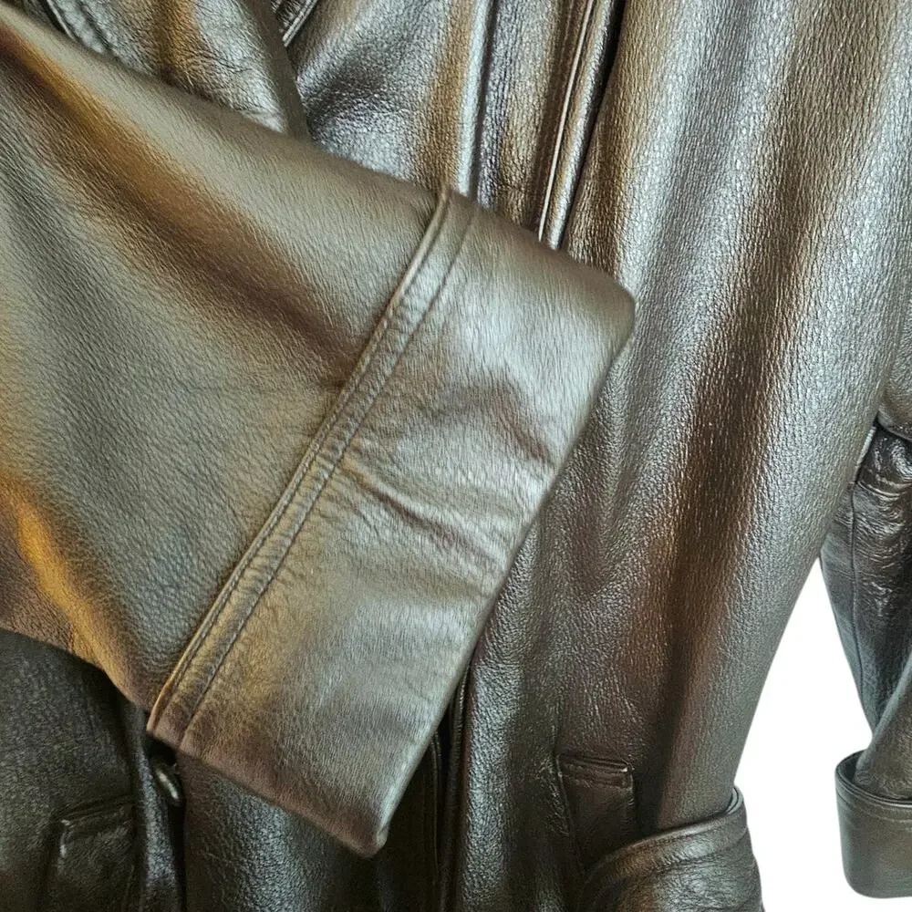Together! Vintage Dark Brown Leather Double Breasted Trench Coat with Belt